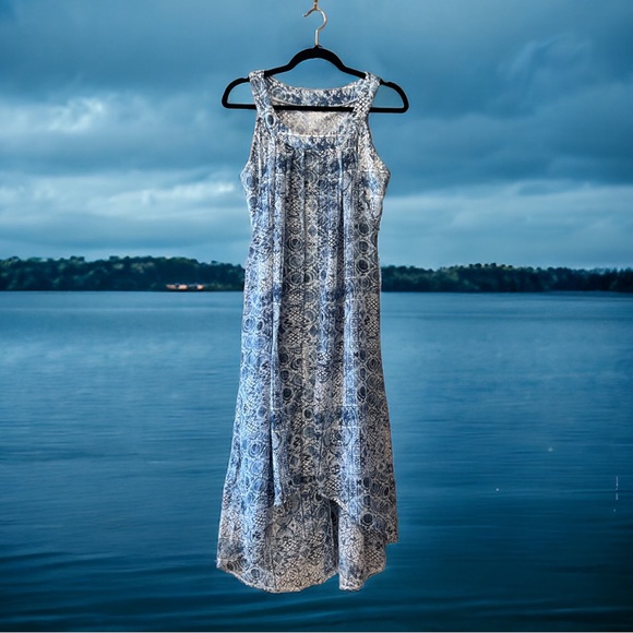 L’Atelier Blue & White Geometric Floral Print Sleeveless Hi-Low Dress - Picture 16 of 16
